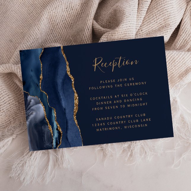 Elegant Navy Blue Gold Agate Wedding Reception Enclosure Card (Creator Uploaded)