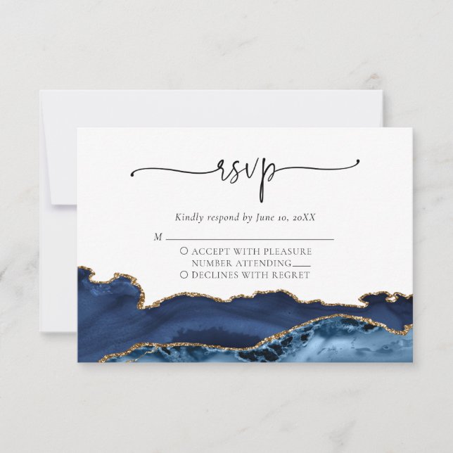 Elegant Navy Blue Gold Agate Wedding RSVP Card (Front)