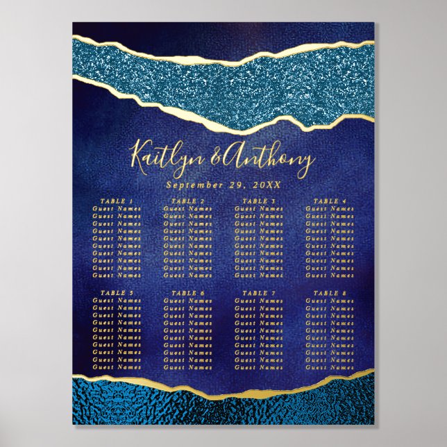 Elegant Navy Blue & Gold Agate Wedding Seating Foil Prints (Front)