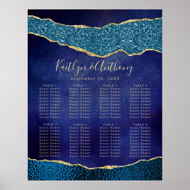 Elegant Navy Blue & Gold Agate Wedding Seating Poster (Front)