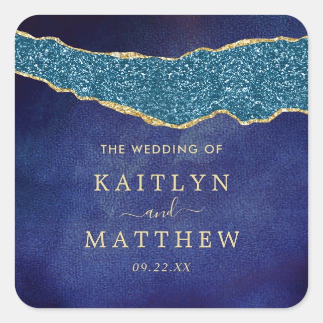 Elegant Navy Blue & Gold Agate Wedding Square Sticker (Front)