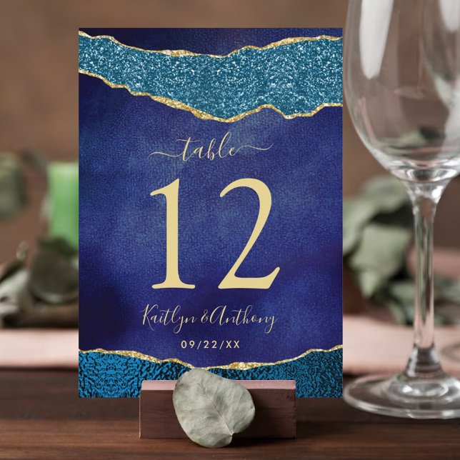 Elegant Navy Blue & Gold Agate Wedding Table Card (Creator Uploaded)
