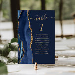 Elegant Navy Blue Gold Agate Wedding Table Number<br><div class="desc">The left-hand edge of this elegant modern wedding table number card features a navy blue watercolor agate border trimmed with faux gold glitter. The word "table" appears in gold-coloured handwriting script on a navy blue background. Add the names of your guests who are assigned to each table.</div>