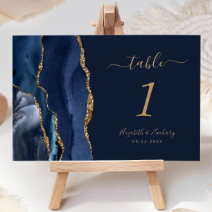 Elegant Navy Blue Gold Agate Wedding Table Number
