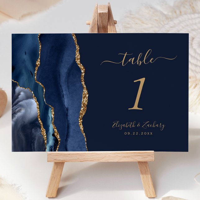 Elegant Navy Blue Gold Agate Wedding Table Number (Creator Uploaded)
