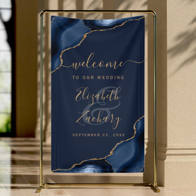 Elegant Navy Blue Gold Agate Wedding Welcome Banner (Creator Uploaded)