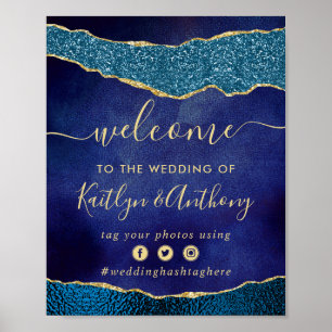 Elegant Navy Blue & Gold Agate Wedding Welcome Poster