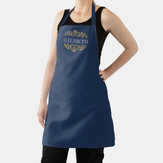 Elegant Navy Blue Gold All-Over Print Apron (Insitu)