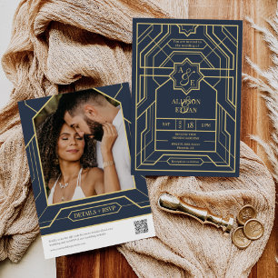 Elegant Navy Blue Gold Art Deco QR Code Photo Invitation