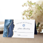 Elegant Navy Blue Gold Bar Mitzvah Place Card<br><div class="desc">Elegant navy blue and gold agate decorates the side of this modern Bar Mitzvah reception folded place card. Your son's name is written in beautiful cursive script under the Star of David. Perfect for a chic, stylish Jewish family celebrating their boy being called to the Torah. Customise these place cards...</div>