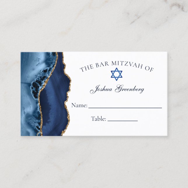 Elegant Navy Blue Gold Bar Mitzvah Place Card (Front)