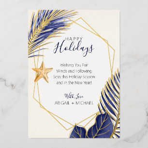 Elegant Navy Blue & Gold Beach Tropical Christmas Foil Holiday Card