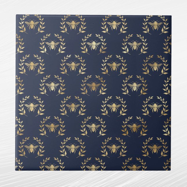 Elegant Navy Blue Gold Bees Laurel Wreath Ceramic Tile (Creator Uploaded)