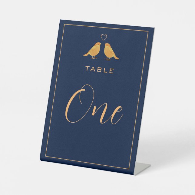 Elegant Navy Blue Gold Birds Table Number Pedestal Sign (Front)