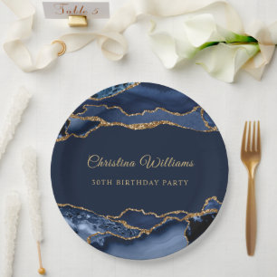 Elegant Navy Blue & Gold Birthday Party Decoration Paper Plate