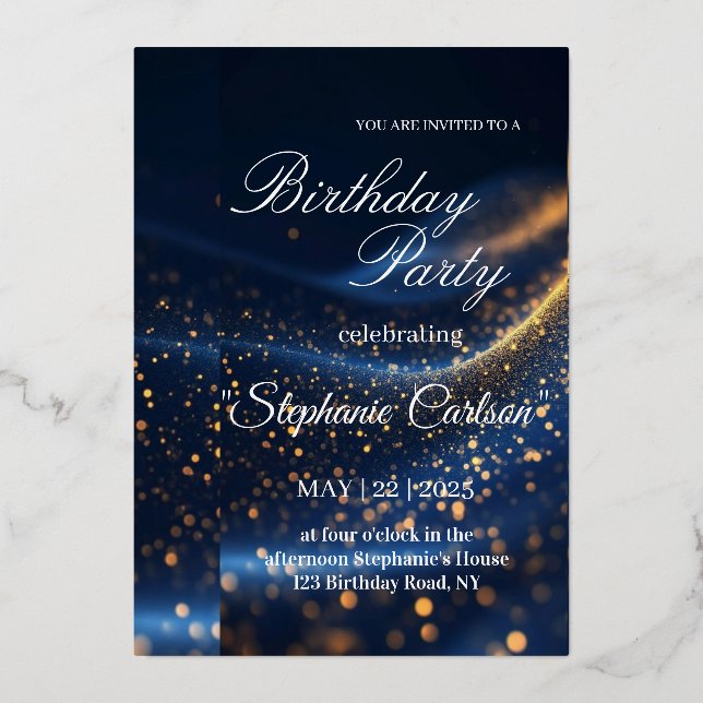 Elegant Navy Blue & Gold Birthday Party Invitation (Front)