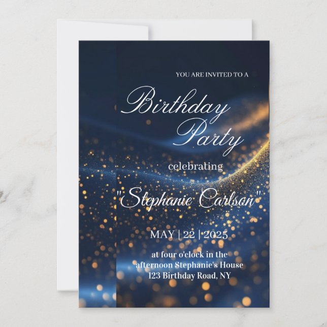 Elegant Navy Blue & Gold Birthday Party Invitation (Front)