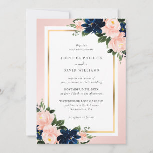 Elegant Navy Blue Gold Blush Pink Floral Wedding Invitation