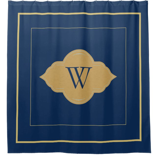 Elegant Navy blue gold Border Monogram Letter  Shower Curtain (Front)