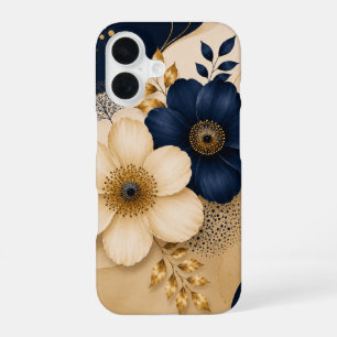 Elegant Navy Blue & Gold Botanical Floral Pattern iPhone 16 Case