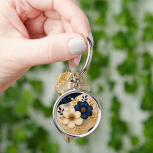 Elegant Navy Blue & Gold Botanical Floral Pattern Key Ring