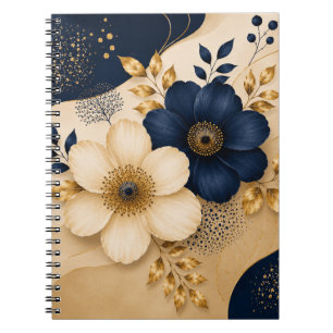 Elegant Navy Blue & Gold Botanical Floral Pattern Notebook