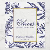 Elegant Navy Blue Gold Botanical Wedding Wine Label (Single Label)