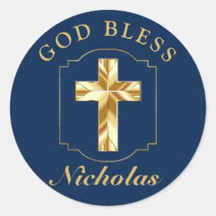 Elegant Navy Blue Gold Boys Confirmation GOD BLESS Classic Round Sticker