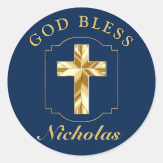 Elegant Navy Blue Gold Boys Confirmation GOD BLESS Classic Round Sticker