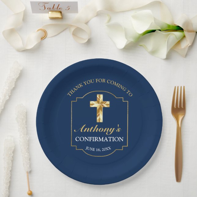 Elegant Navy Blue Gold Boys Confirmation Reception Paper Plate (Wedding)