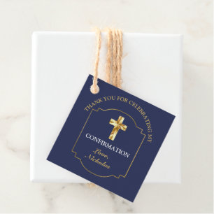 Elegant Navy Blue Gold Boys Confirmation Thank You Favour Tags
