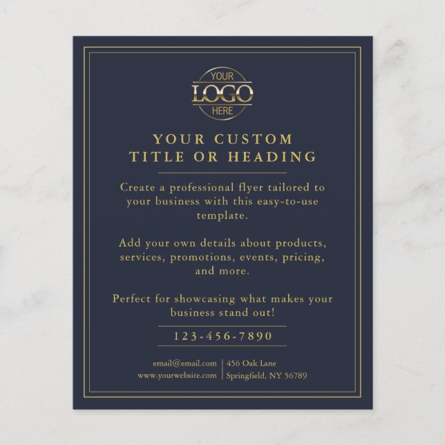 Elegant Navy Blue & Gold Business Logo Promotional Flyer (Front)