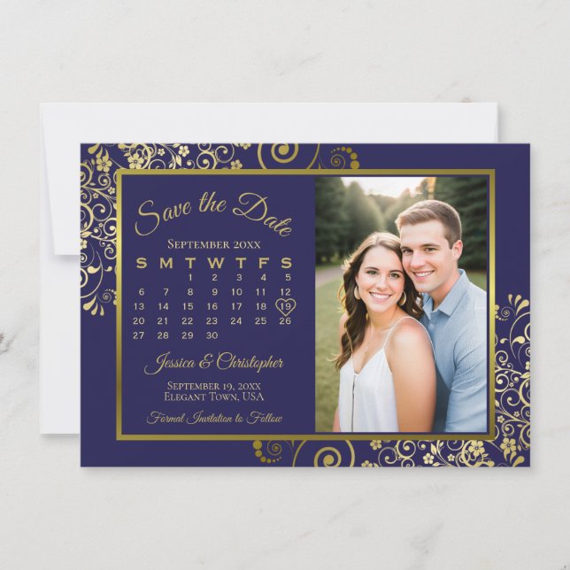 Elegant Navy Blue & Gold Calendar & Photo Wedding Save The Date (Front)