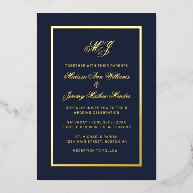 Elegant Navy Blue Gold Calligraphy Script Wedding (Front)