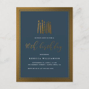 Elegant Navy Blue & Gold Candles 40th Birthday Invitation Postcard