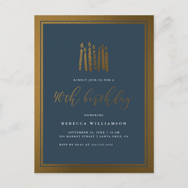 Elegant Navy Blue & Gold Candles 40th Birthday Invitation Postcard (Front)