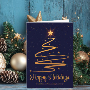 Elegant Navy Blue Gold Christmas Tree Holiday Card
