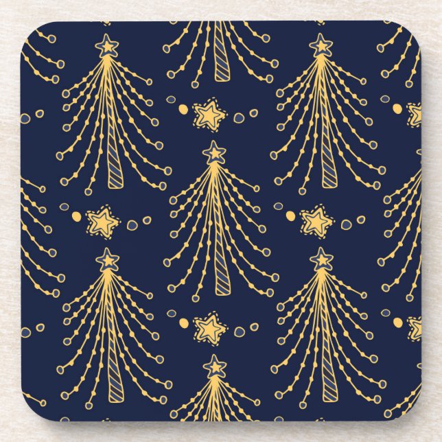 Elegant Navy Blue Gold Christmas Tree Star Pattern Coaster (Front)
