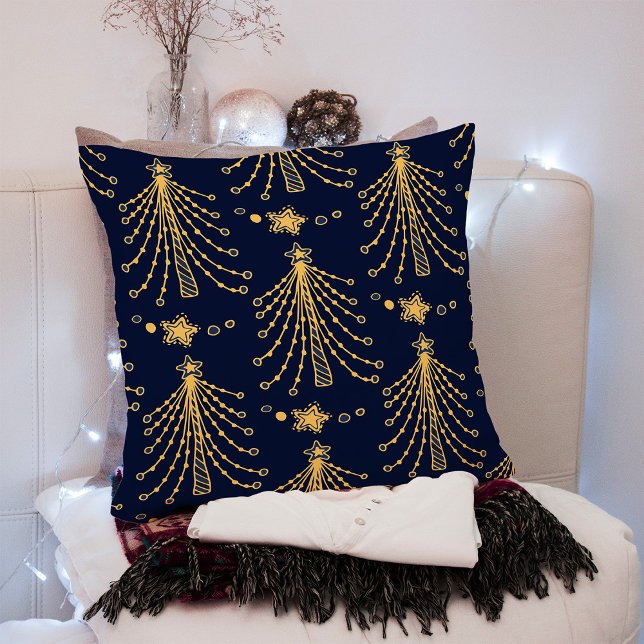 Elegant Navy Blue Gold Christmas Tree Star Pattern Cushion (Creator Uploaded)