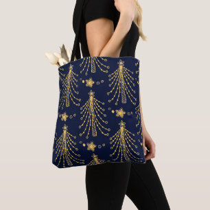 Elegant Navy Blue Gold Christmas Tree Star Pattern Tote Bag