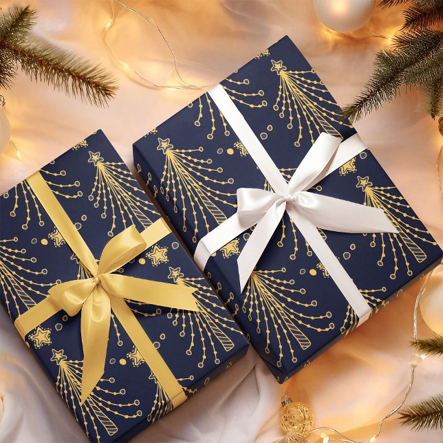 Elegant Navy Blue Gold Christmas Tree Star Pattern Wrapping Paper (Creator Uploaded)