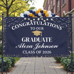 Elegant Navy Blue Gold Class Of 2026 Graduation Banner