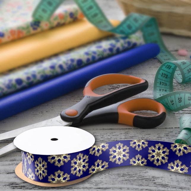 Elegant Navy Blue & Gold Classy Chic Floral Print Satin Ribbon (Creator Uploaded)