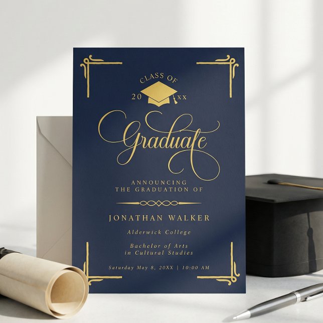 Elegant Navy Blue Gold College Graduation Announcement (Creator Uploaded)
