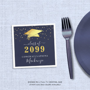 Elegant Navy Blue Gold Confetti Script Graduation Napkin