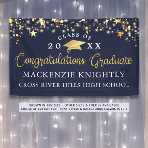 Elegant Navy Blue Gold Congrats Grad Script Stars Banner