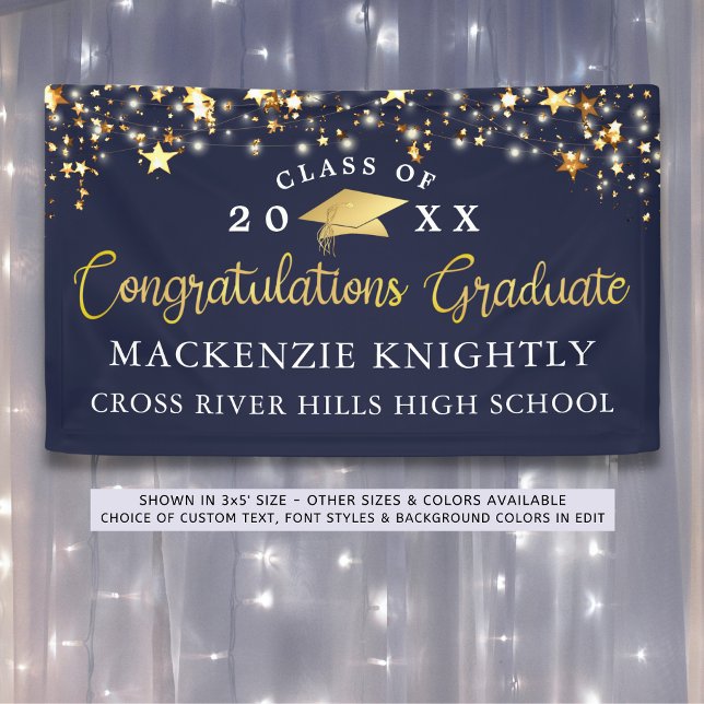 Elegant Navy Blue Gold Congrats Grad Script Stars Banner (Creator Uploaded)