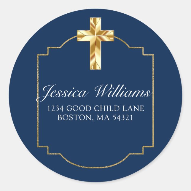 Elegant Navy Blue Gold Cross 1st Communion  Classic Round Sticker (Front)