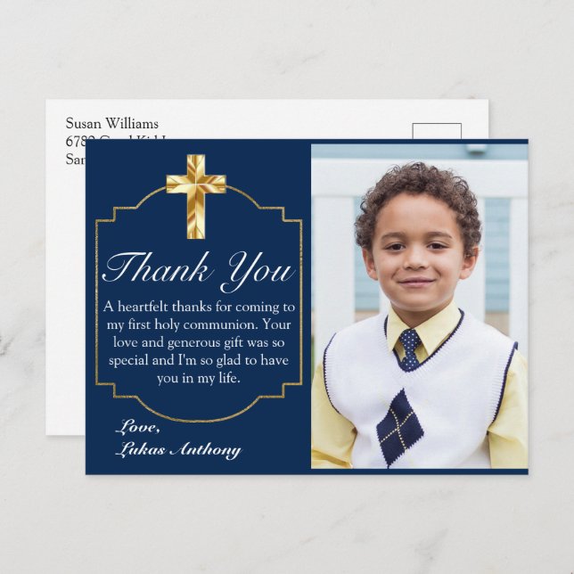 Elegant Navy Blue Gold Cross 1st Communion Thank Y Postcard (Front/Back)