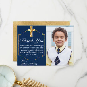 Elegant Navy Blue Gold Cross 1st Communion Thank You Card